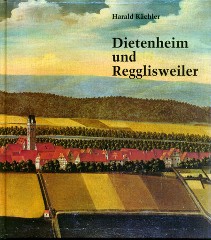 Buchvorderseite Heimatbuch mit altem Gemälde von Dietenheim mit Kirchturm und Feldern und Titel "Dietenheim und Regglisweiler"