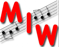 Logo Musikschule Logo Musikschule mit weißem Hintergrund und davor Musiknoten und Buchstaben "M I W"