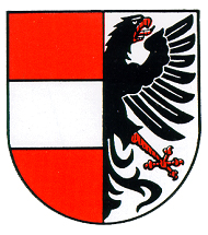 Das Wappen Dietenheims auf der linken Seite rot-weiß-rot und auf der rechten Seite ein halber Adler in schwarz mit rotem Schnabel und Krallen auf weißem Grund