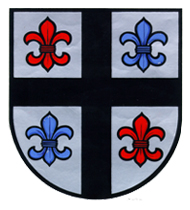In Silber ein durchgehendes schwarzes Kreuz, oben links und unten rechts von einer roten Lilie, unten links und oben rechts von einer blauen Lilie bewinkelt